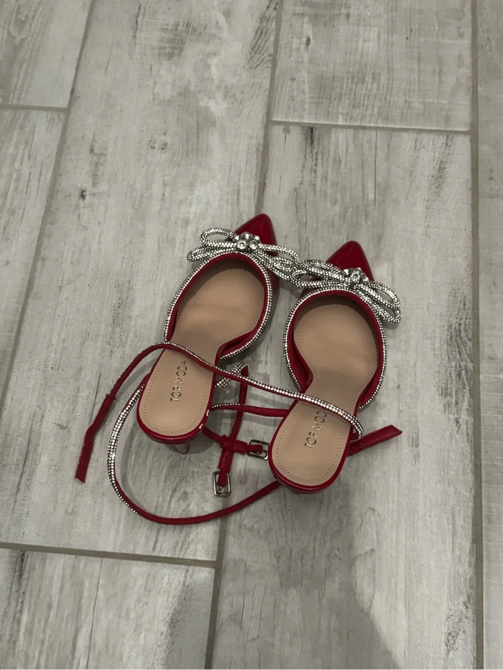 TOP Moda Red Patent Pointed Toe Slingback Heels with Crystal Bow